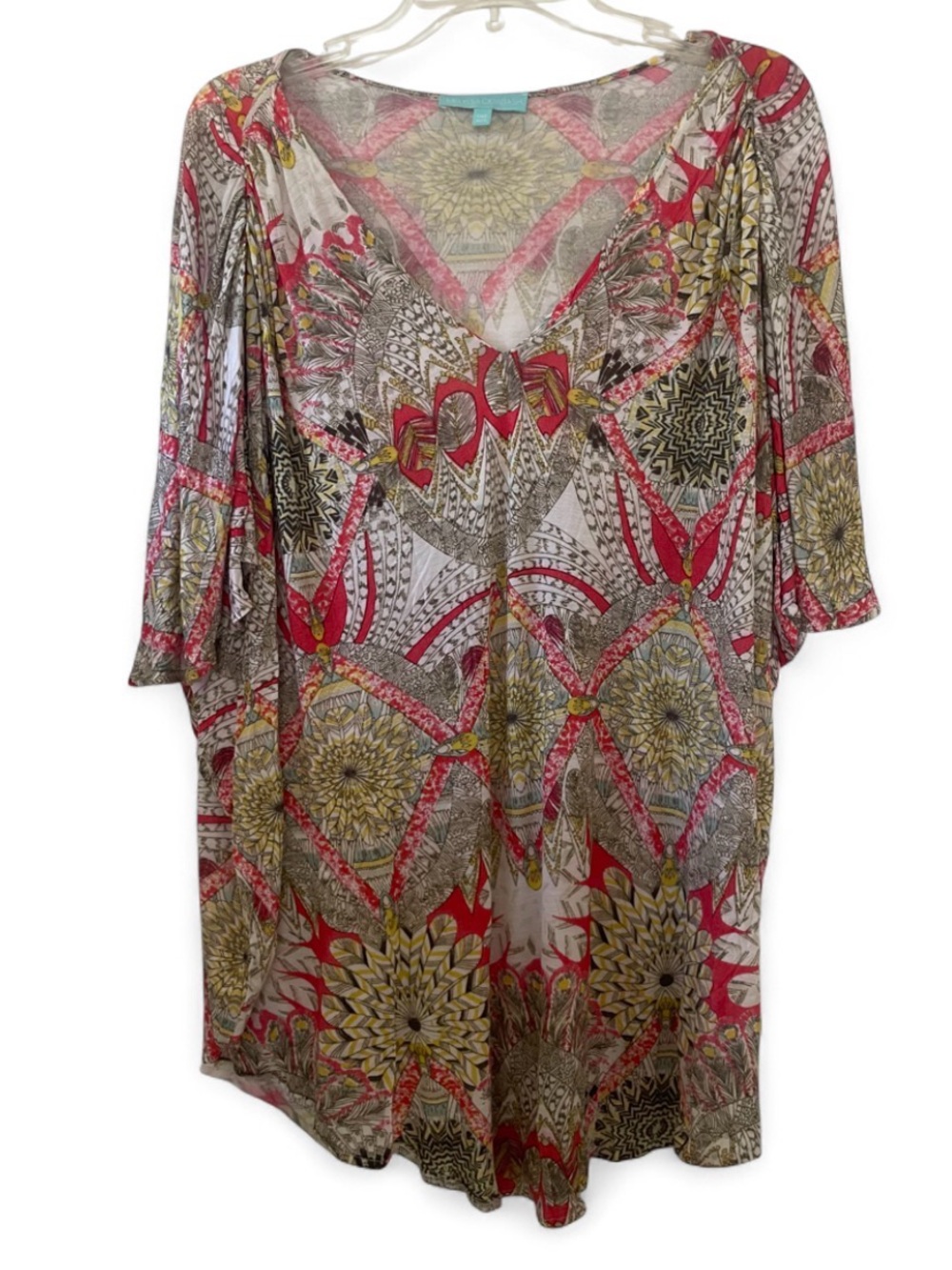 Melissa Odabash Pink and Yellow Printed Short Sleeve Tunic Women’s Size One Size